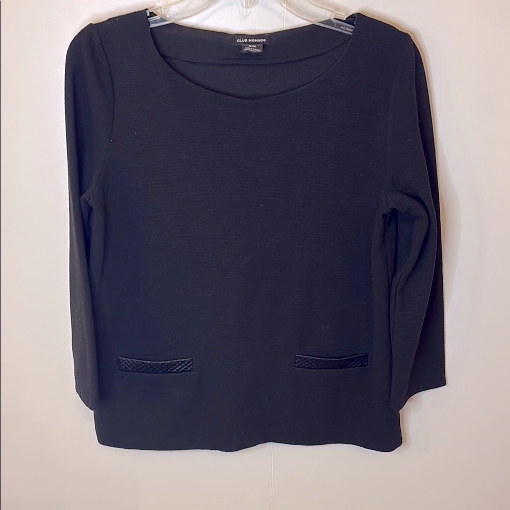 Club Monaco Cropped Black Sweater Top with Leather Pocket Detail, 3/4 Sleeves